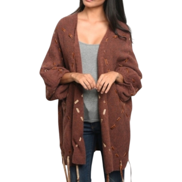 NWT Style Rack Chestnut Wool Blend Ribbon Accents Cardigan Sweater Women's L* - Picture 3 of 9